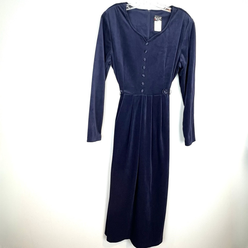 Helene Blake Navy Blue Corduroy Dress Size Large Midi Cottagecore Vtg 80s